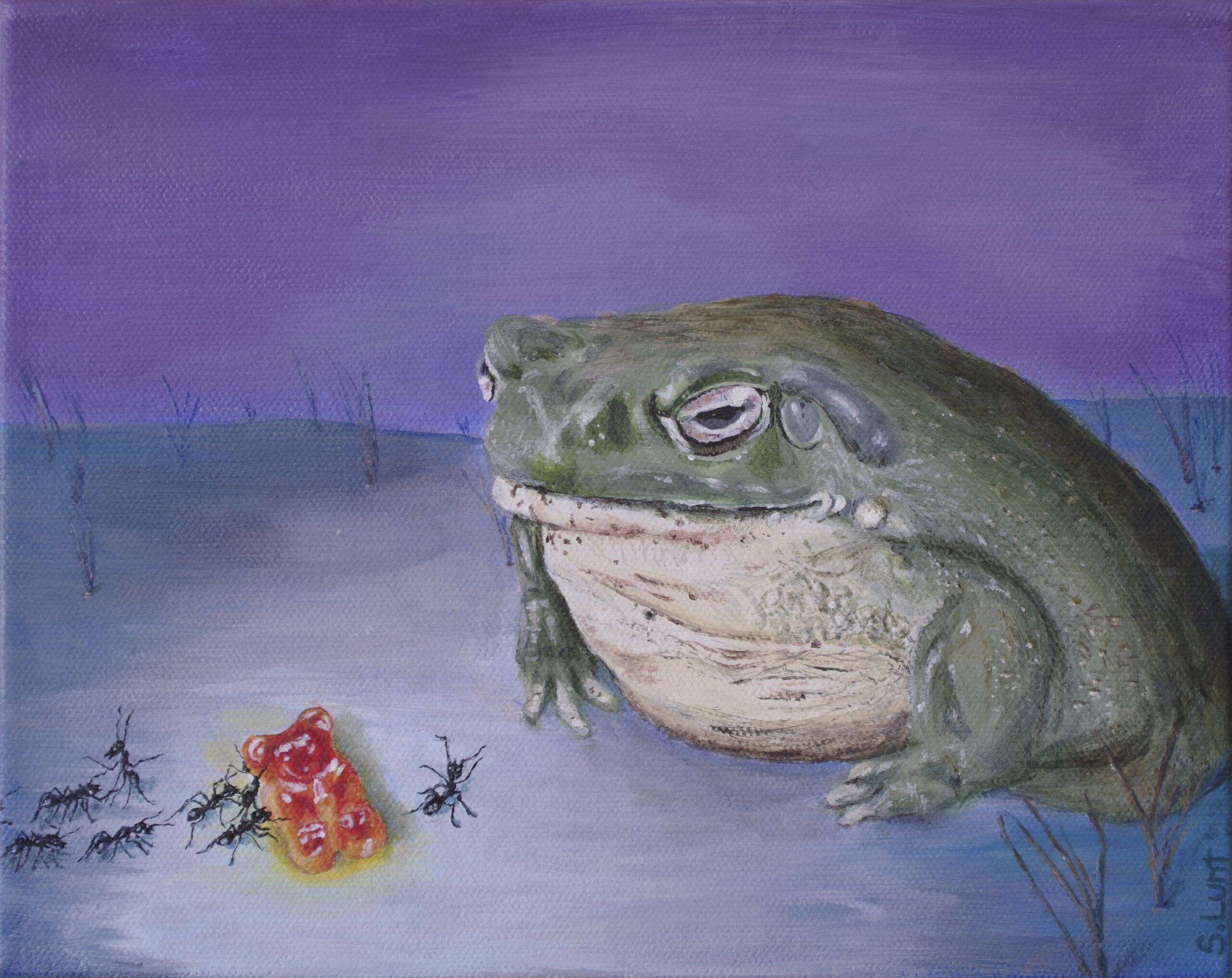 Painting titled Last Minute Negotiations depicting a frog looking at a gummy being carried away by ants